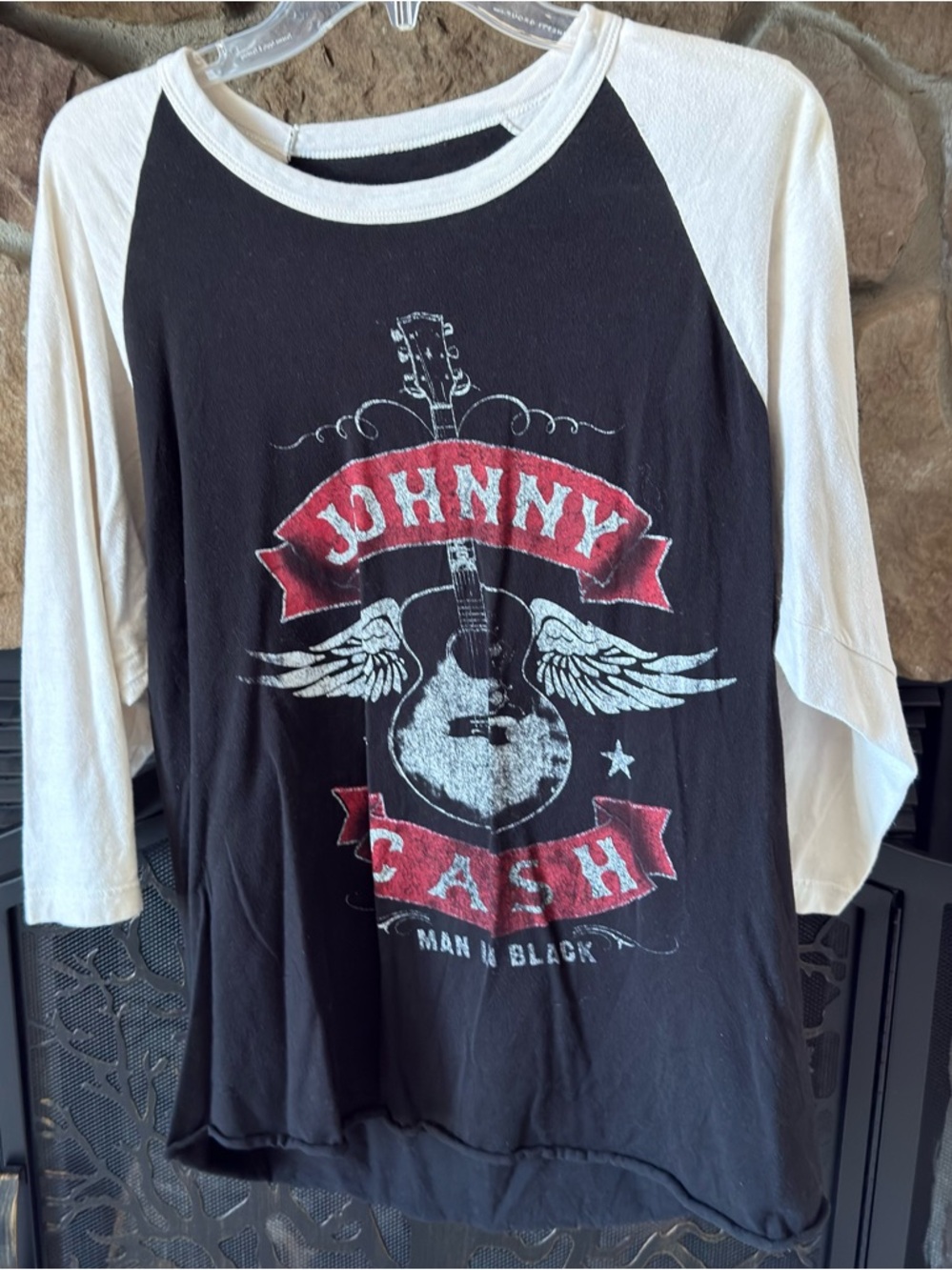 LG Johnny Cash Black and White Raglan Shirt with Red Graphic